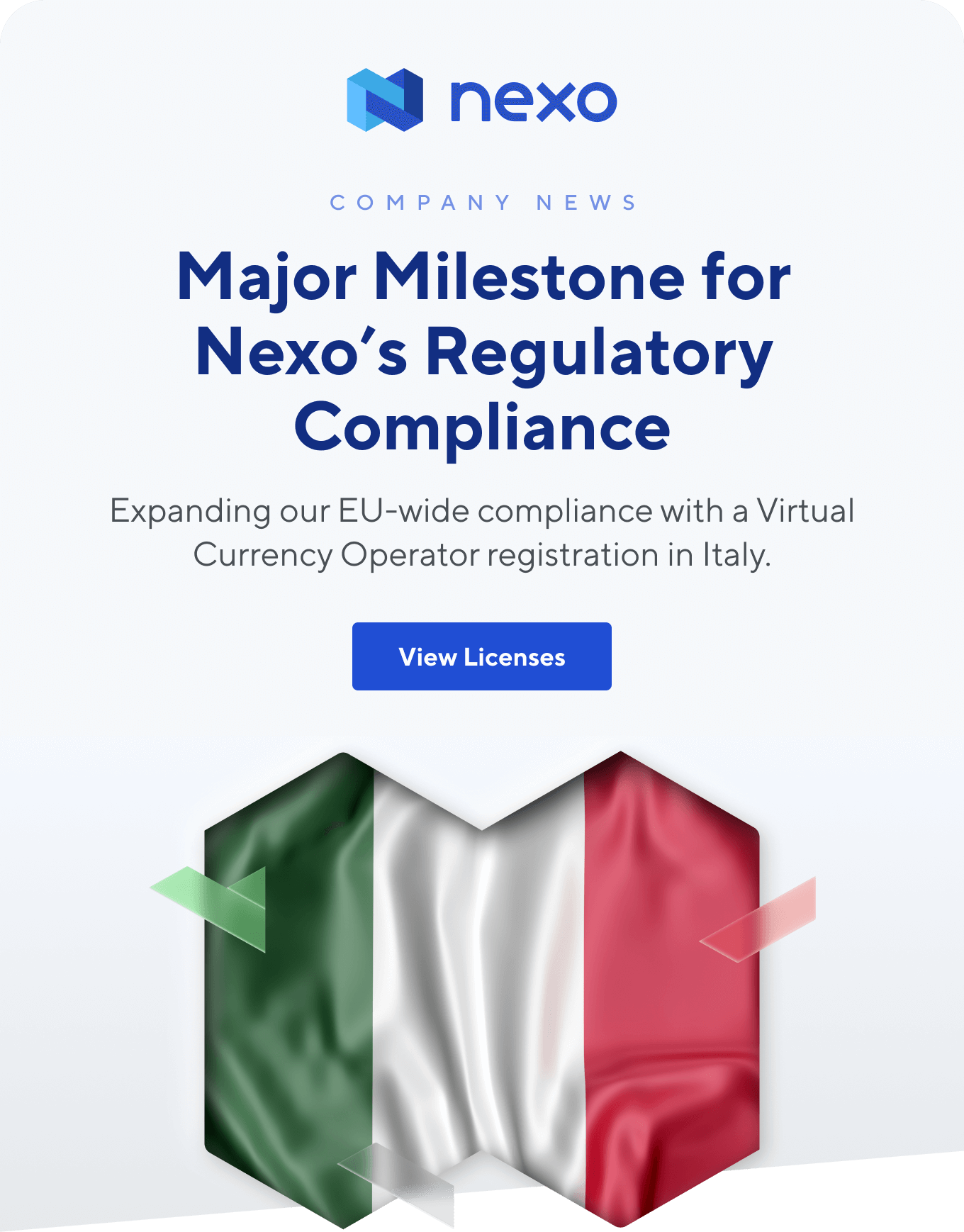 Nexo uzyskało rejestrację jako Operator Wirtualnej Waluty we włoskim OAM