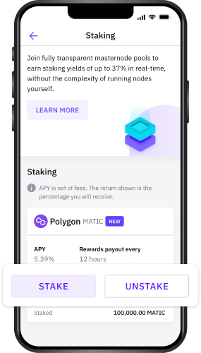 Podobnie, jeśli korzystasz z aplikacji mobilnej Cake DeFi , po prostu przejdź do sekcji „Piec”, wybierz Staking, a następnie wybierz MATIC