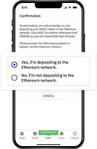 Wpłacając środki, musisz upewnić się, że dokonujesz wpłaty do sieci Ethereum i że wysyłasz MATIC